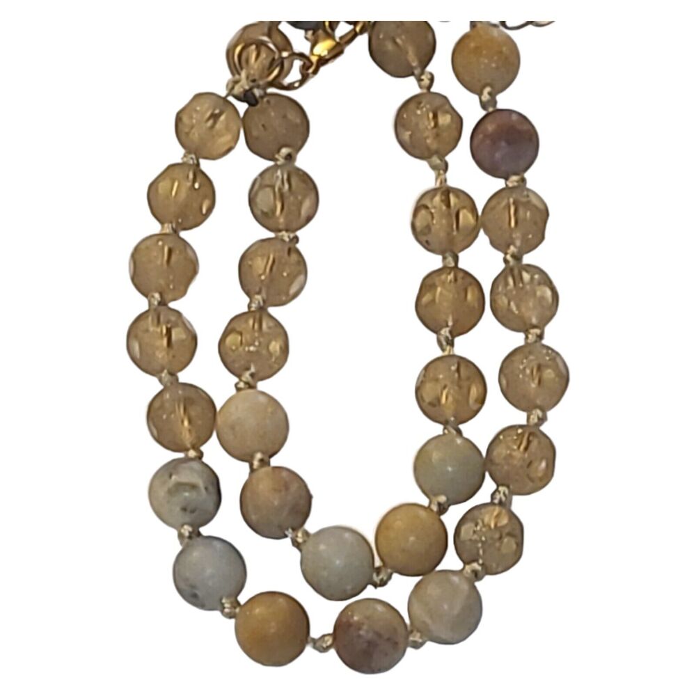 Hand Tied Faceted Glass & Stone Beaded Necklace Beige & Pale Blue Tones 16"-19"